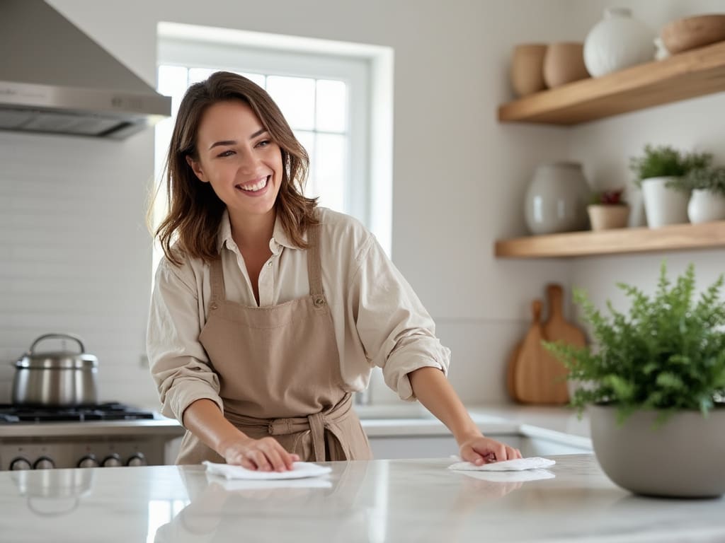 A woman wipes her kitchen counter