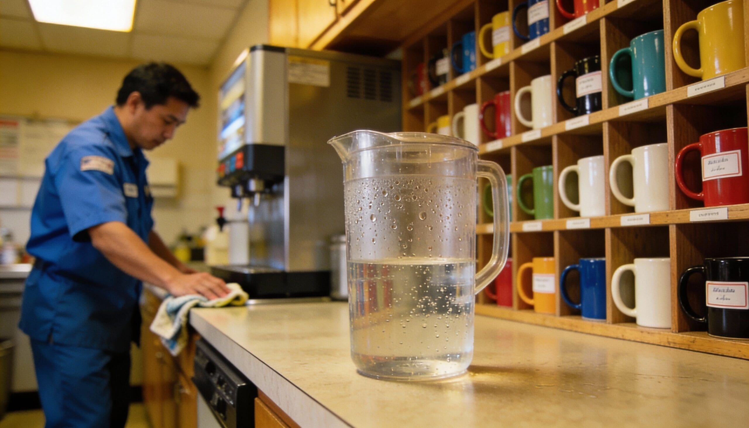 A worker cleans a breakroom.