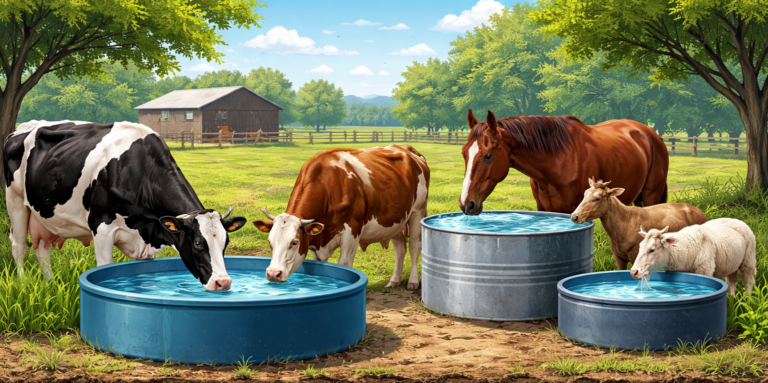 Livestock feeding at water troughs