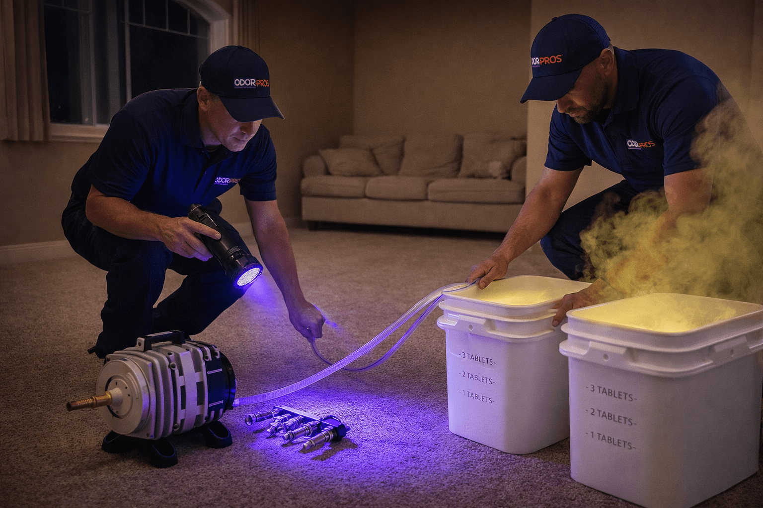 Two technicians set up a room for odor removal